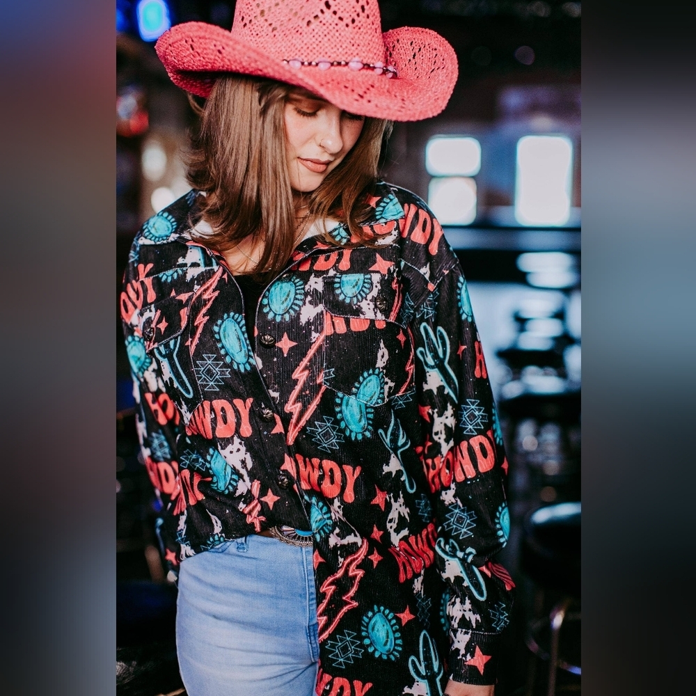 NEW MERIGOLD KISS Black And Pink Sparkle Howdy Corduroy Shacket top